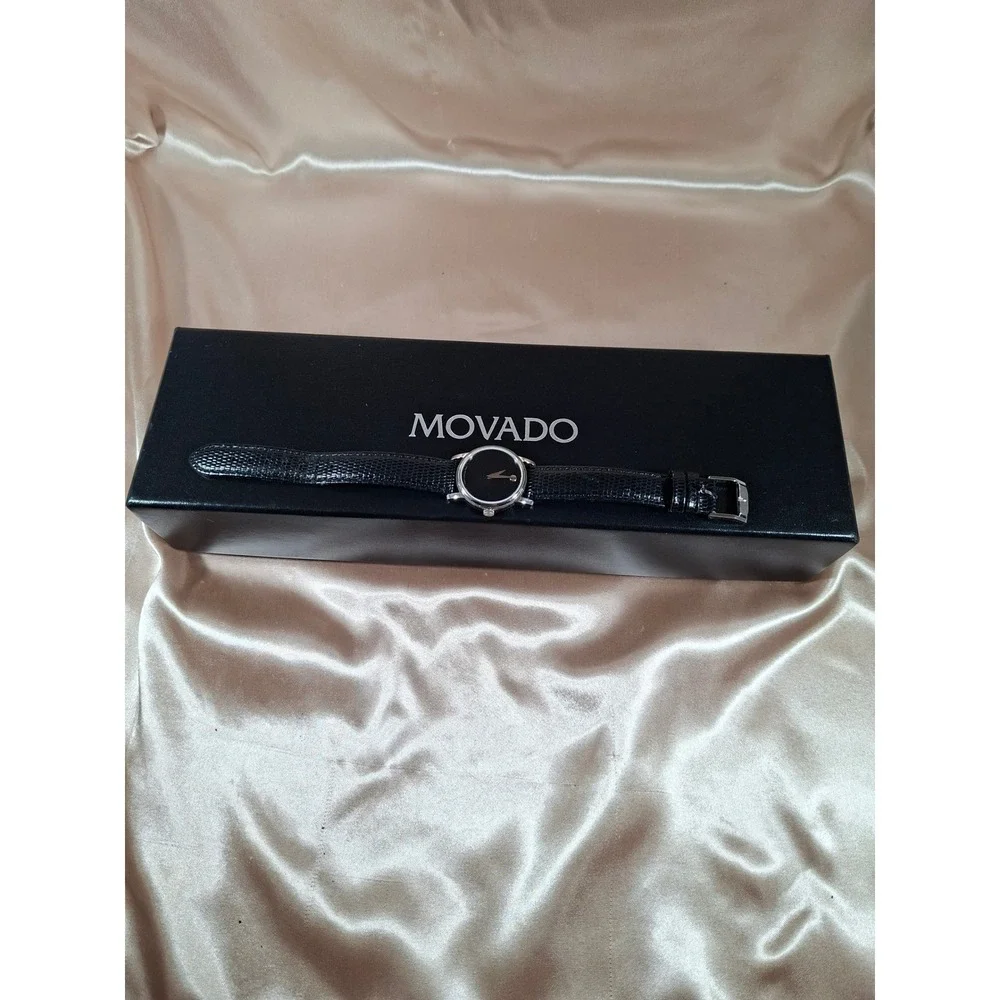 Ladies Movado Museum Swiss Quartz Black Dial Leather Strap Watch MO.01.3.14.6001